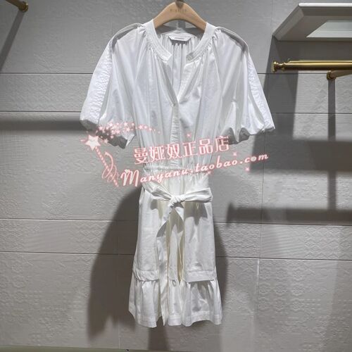 曼娅奴正品2023年新款春装小个子腰带蛋糕纯色女连衣裙MN12DB094