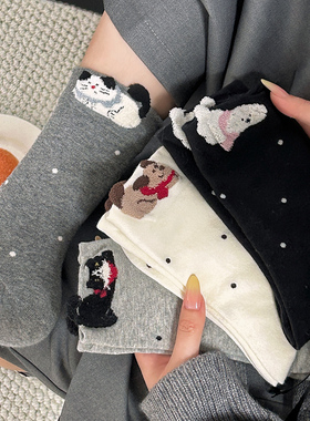 袜子女纯棉春秋款堆堆袜波点小狗卡通动漫百搭ins潮袜灰色中筒袜
