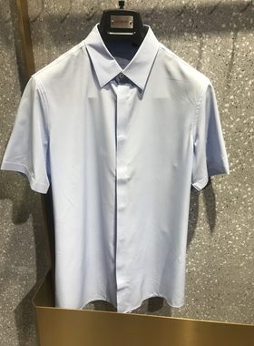 依文诺丁山男士小码特价隐扣暗扣弹性免烫蓝色半袖短袖衬衫1380元