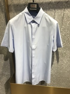 依文诺丁山男士小码特价隐扣暗扣弹性免烫蓝色半袖短袖衬衫1380元