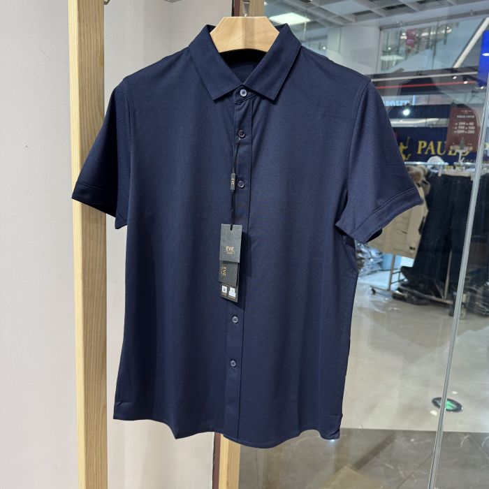 依文男士商务夏季含桑蚕丝翻领藏蓝色短袖半袖T恤衬衫开衫1280元