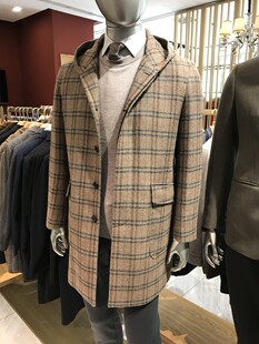 诺丁山新款折扣男士商务高档绵羊毛棕色连帽毛呢大衣吊牌价7980元