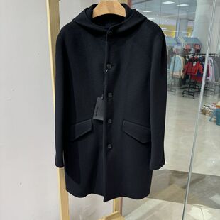 依文诺丁山男士商务翻领纯绵羊毛长款黑色毛呢大衣吊牌价5980元
