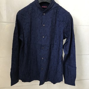 依文诺丁山男士商务时尚抗皱面料纹路深蓝色立领衬衫吊牌价1180元