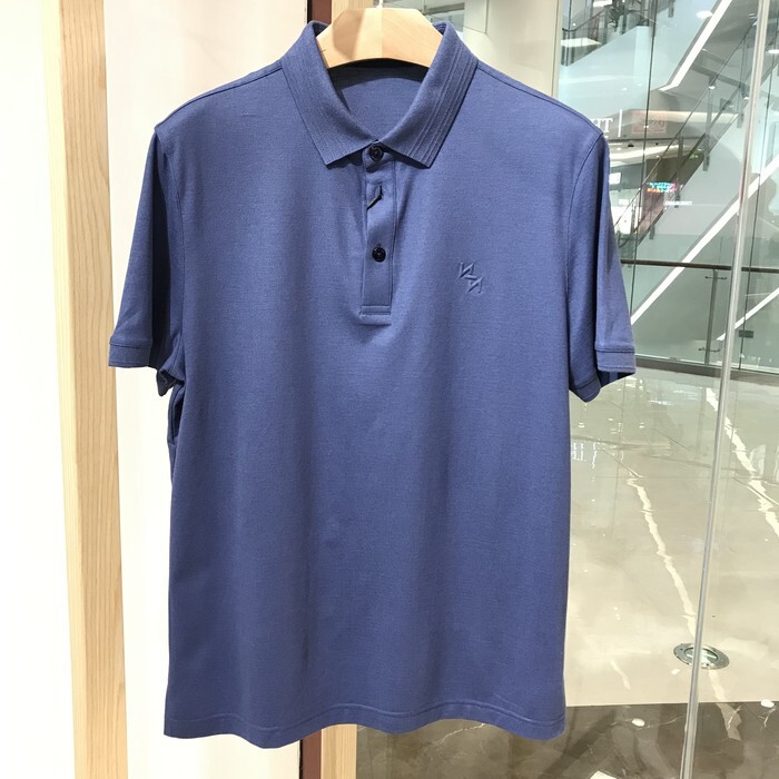 依文正品诺丁山男士新款高档夏季短袖翻领桑蚕丝高支棉藏蓝色t恤