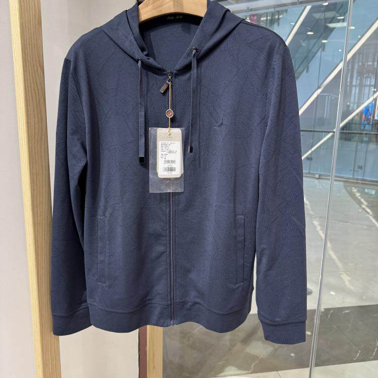 依文凯文凯利男士商务棉桑蚕丝春夏连帽休闲藏蓝色上衣针织衫外套