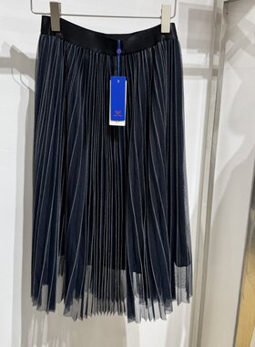 依文EVE CINA女士商务显瘦职业上班藏蓝色百褶半身裙裙子专柜同款