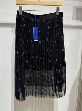 依文EVE CINA女士商务显瘦职业上班黑蓝色百褶半身裙裙子专柜同款