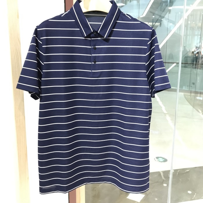 依文正品男士新款商务夏季套头藏蓝色白横纹T恤短袖翻领POLO衫