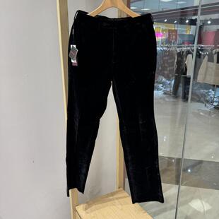 诺丁山男士商务秋冬款植绒面料修身微弹黑色休闲裤（绒反光有色差