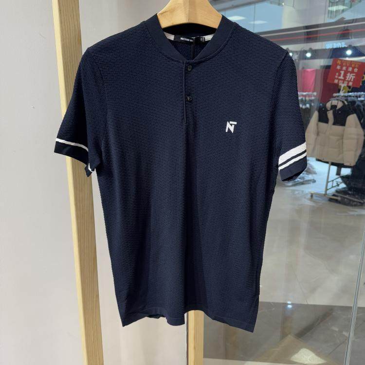 依文诺丁山男士商务时尚弹性棒球领藏蓝色半袖短袖T恤专柜同款