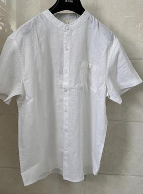 威尚梵恩斯男士纯亚麻夏季白麻黑色半袖短袖立领衬衫吊牌价1499元