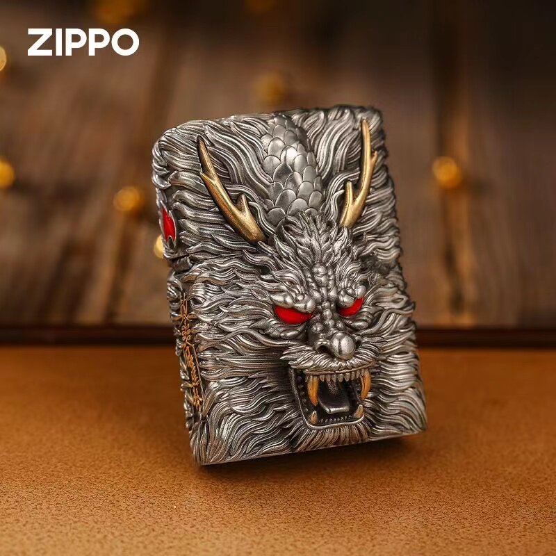 zippo打火机古银套壳五帝龙