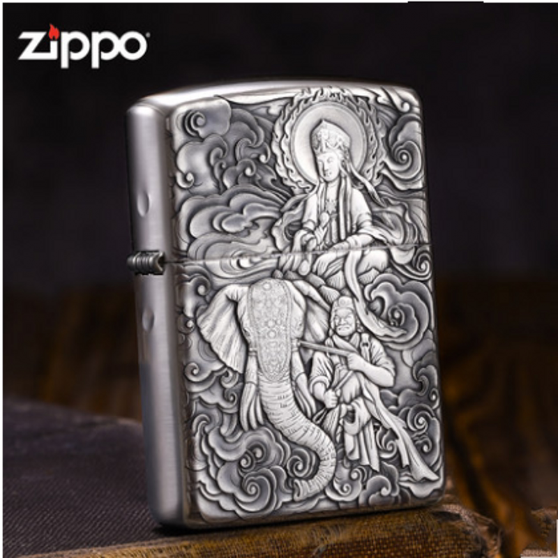 打火机zippo正版原装 纯银机盔甲鬼王浮雕普贤菩萨象王 收藏礼品