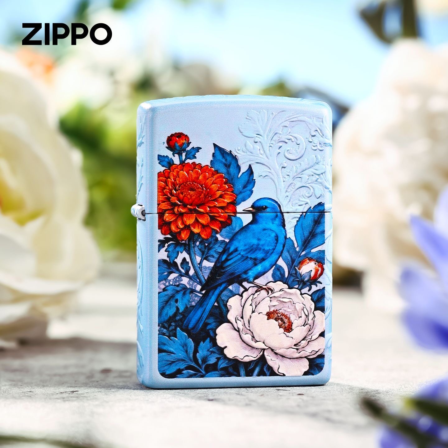 zippo打火机哑漆彩印蓝羽生花