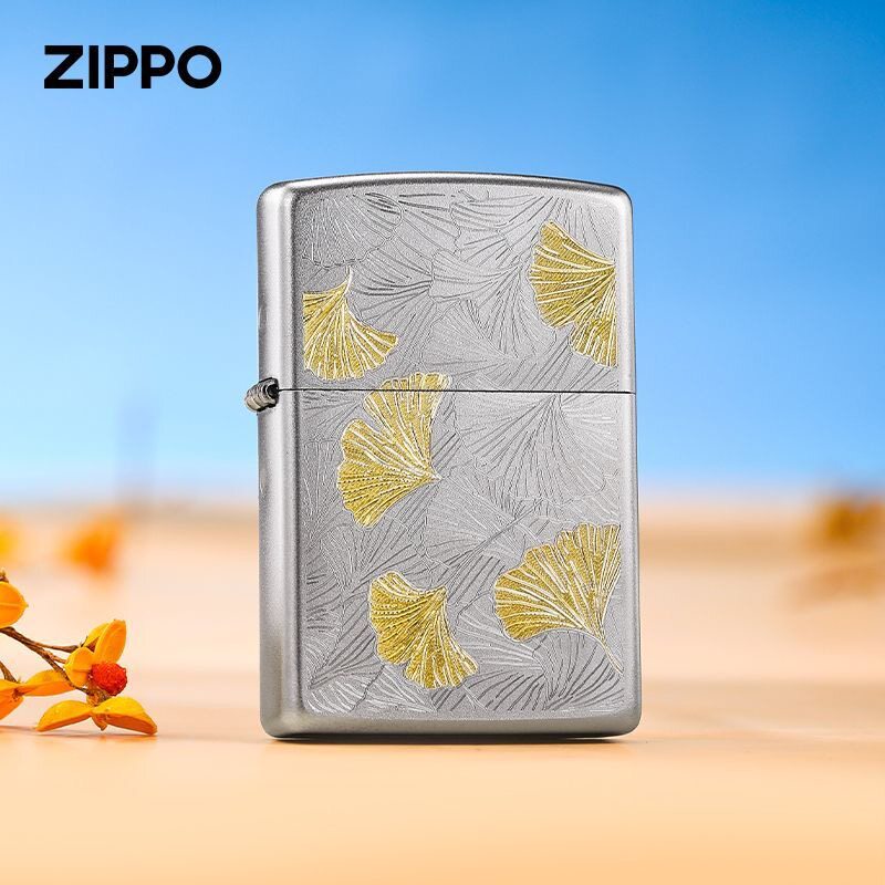 zippo打火机正品原装 磨砂划刻三生有幸 金扇叶 男士防风煤油礼物