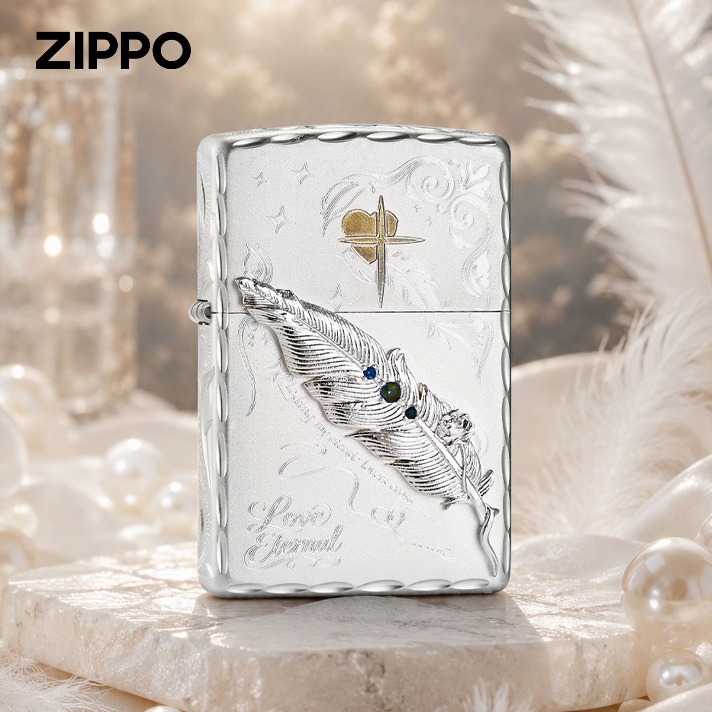 zippo打火机正品 镀银咬边划刻贴章爱情羽毛 煤油防风机男士礼物
