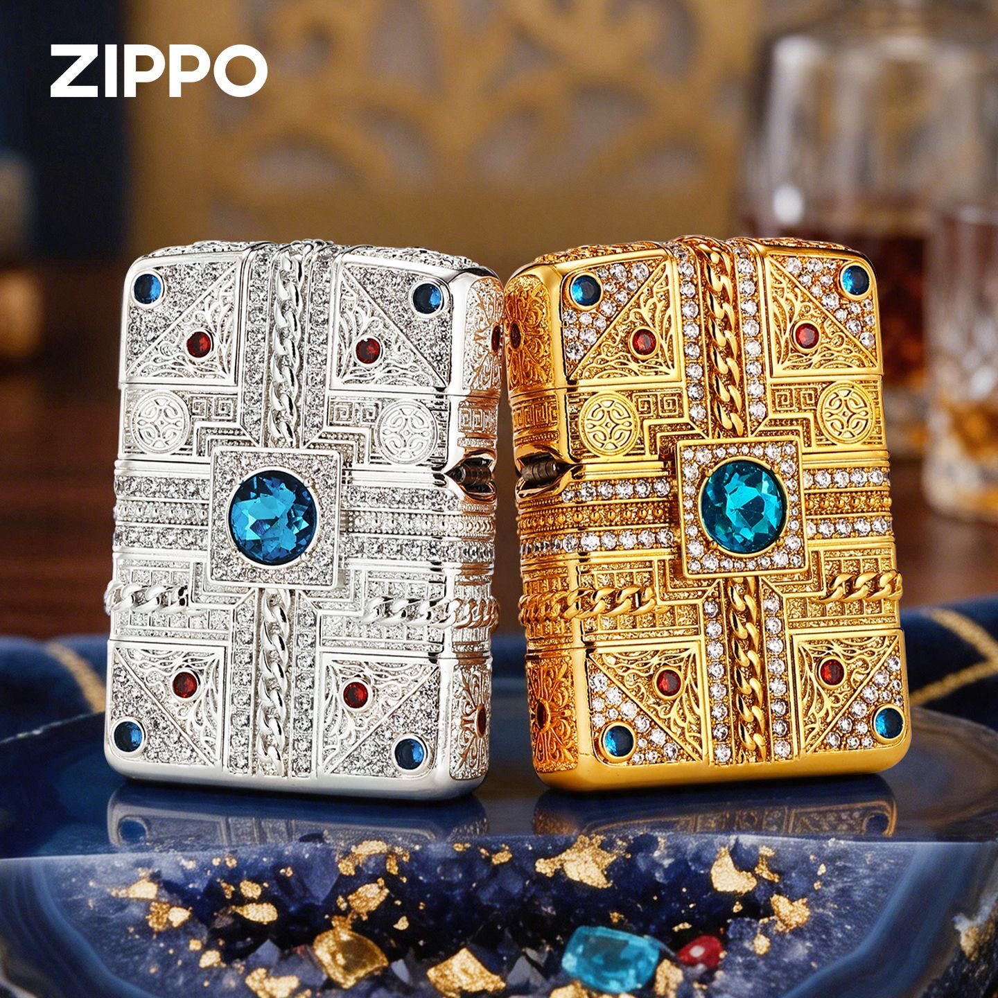zippo打火机镀金重甲镶钻帝王冕