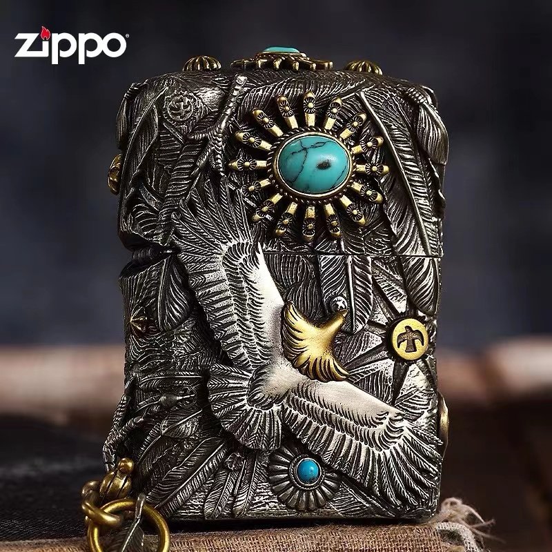zippo打火机正版原装 重盔甲机羽毛飞鹰镶嵌绿松石贴章 收藏礼品