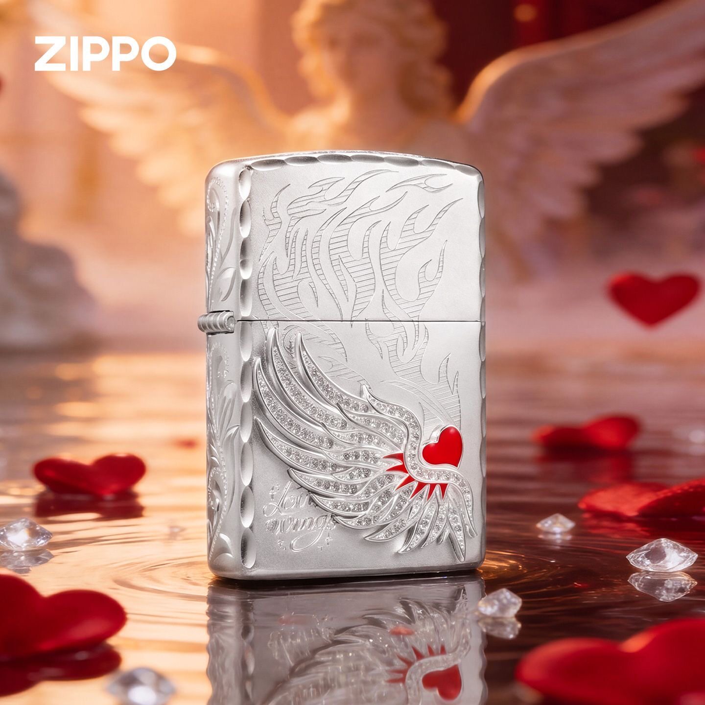 zippo打火机正品 咬边贴章爱情之翼 爱心翅膀 煤油防风机男士礼物