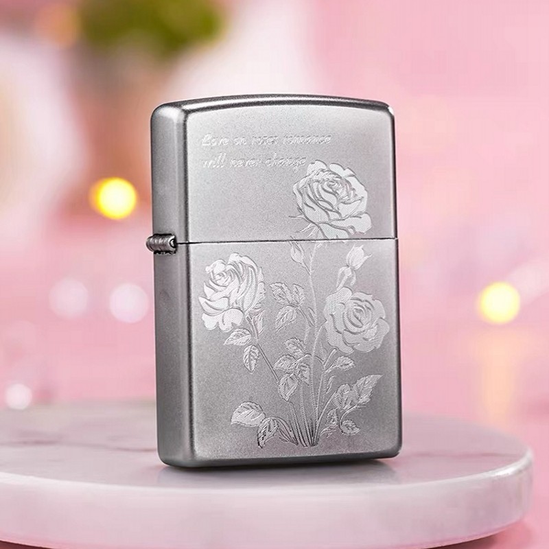 zippo打火机原装正品 磨砂划刻心动玫瑰花 男士防风煤油个性礼物