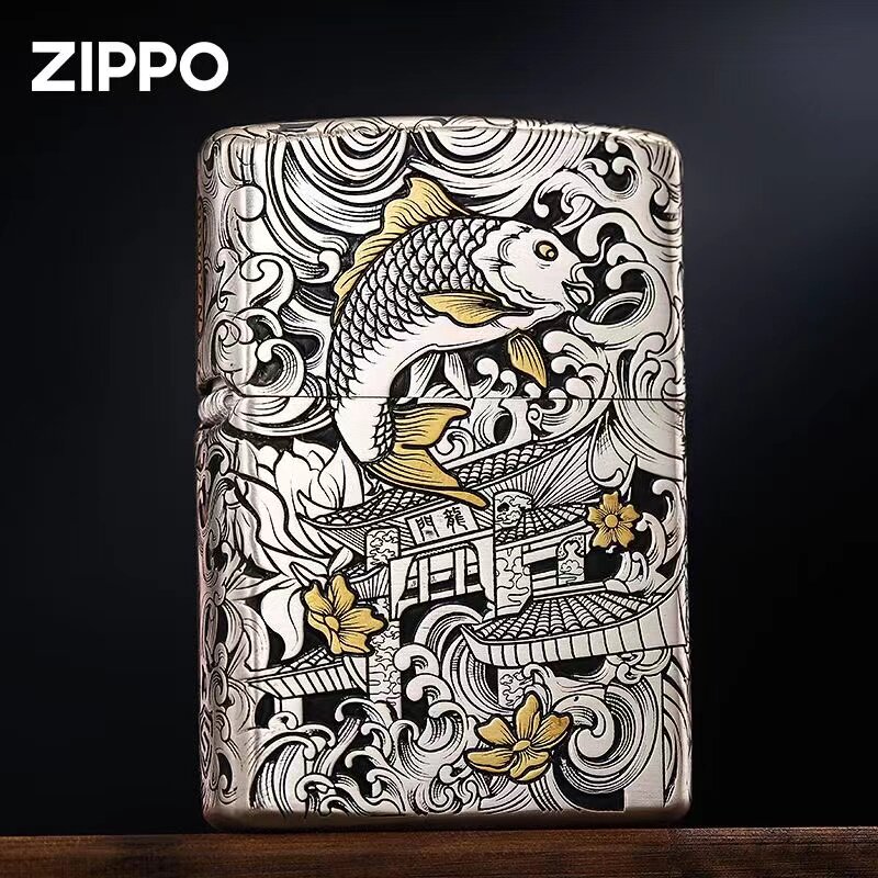 zippo打火机正版原装 纯银套壳鲤鱼跃龙门错金 男士防风煤油礼物