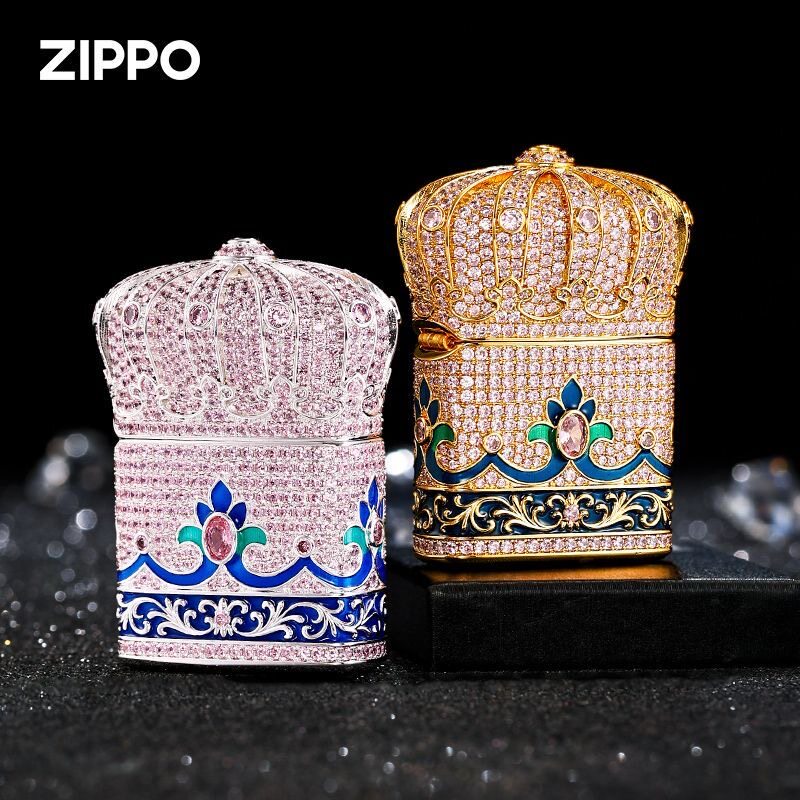zippo打火机镀金粉钻珐琅皇冠