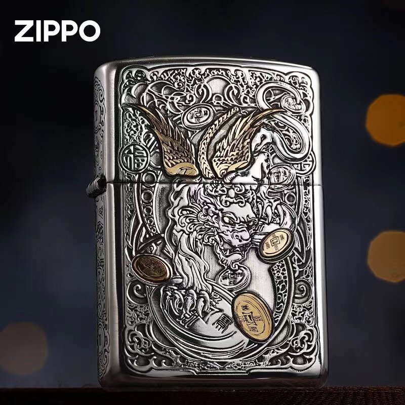 zippo打火机正品原装 纯银机镶嵌招财貔貅 煤油防风男士收藏礼物