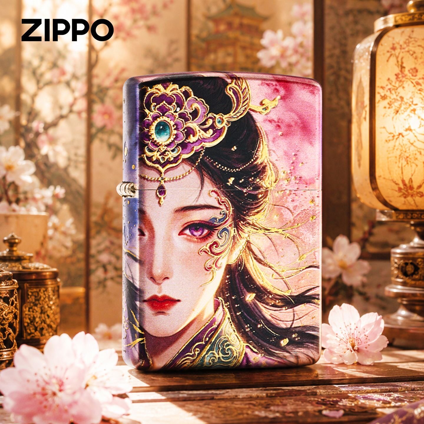 zippo打火机镀银烫金紫阙佳人