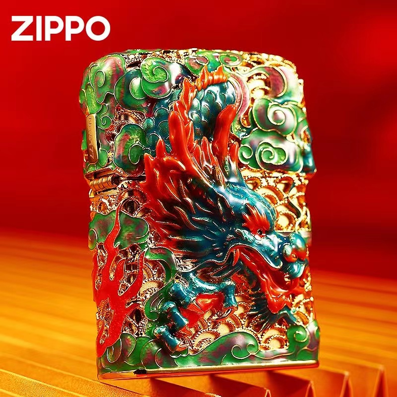 zippo打火机正品 镀金花丝珐琅夜光龙腾四海 男士防风煤油机礼物