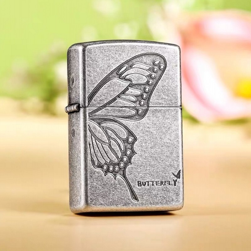 zippo打火机古银蚀刻灵动蝴蝶