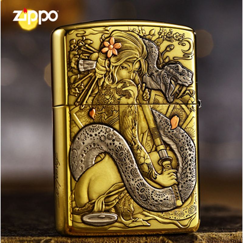 zippo打火机黄铜盔甲浮雕艺伎