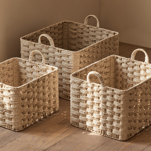 复古藤编长方形收纳筐杂物置物篮