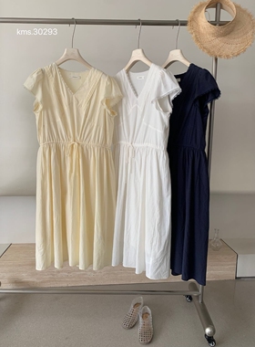 卡蔓诗30293韩系V领收腰飞飞袖连衣裙女2025夏季气质显瘦中长裙子