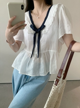 卡蔓诗30239韩系撞色V领绑带短袖衬衫女2025夏季气质显瘦百搭上衣