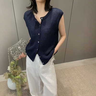 卡蔓诗260287韩式镂空针织背心女开衫外穿百搭气质通勤上衣极简风