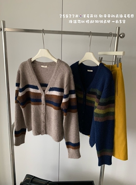 卡蔓诗25823韩系复古条纹V领单排扣羊毛针织开衫女2025秋百搭上衣