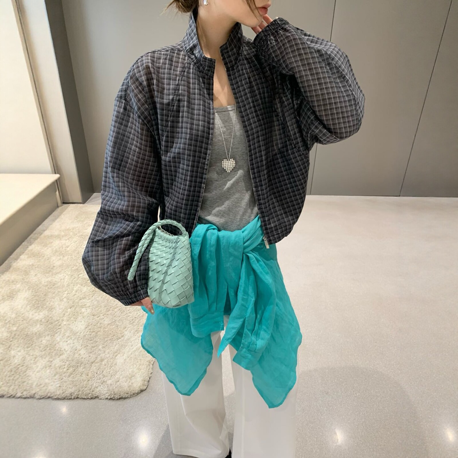 Enxi蒽茜20907韩系复古格子拉链立领薄款外套女2026夏季防晒上衣