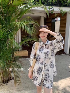 韵芭莎677长袖碎花防晒衬衫+阔腿短裤两件套女2024夏季宽松百搭潮