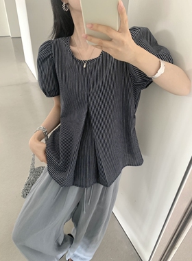 Enxi蒽茜20299韩系小众设计感条纹短袖衬衫女2025夏气质显瘦上衣