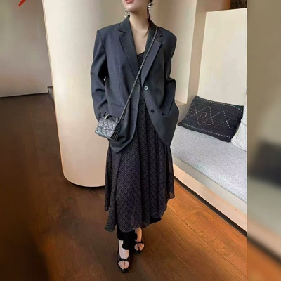 蒽茜韩系撞色亚麻混纺女西装