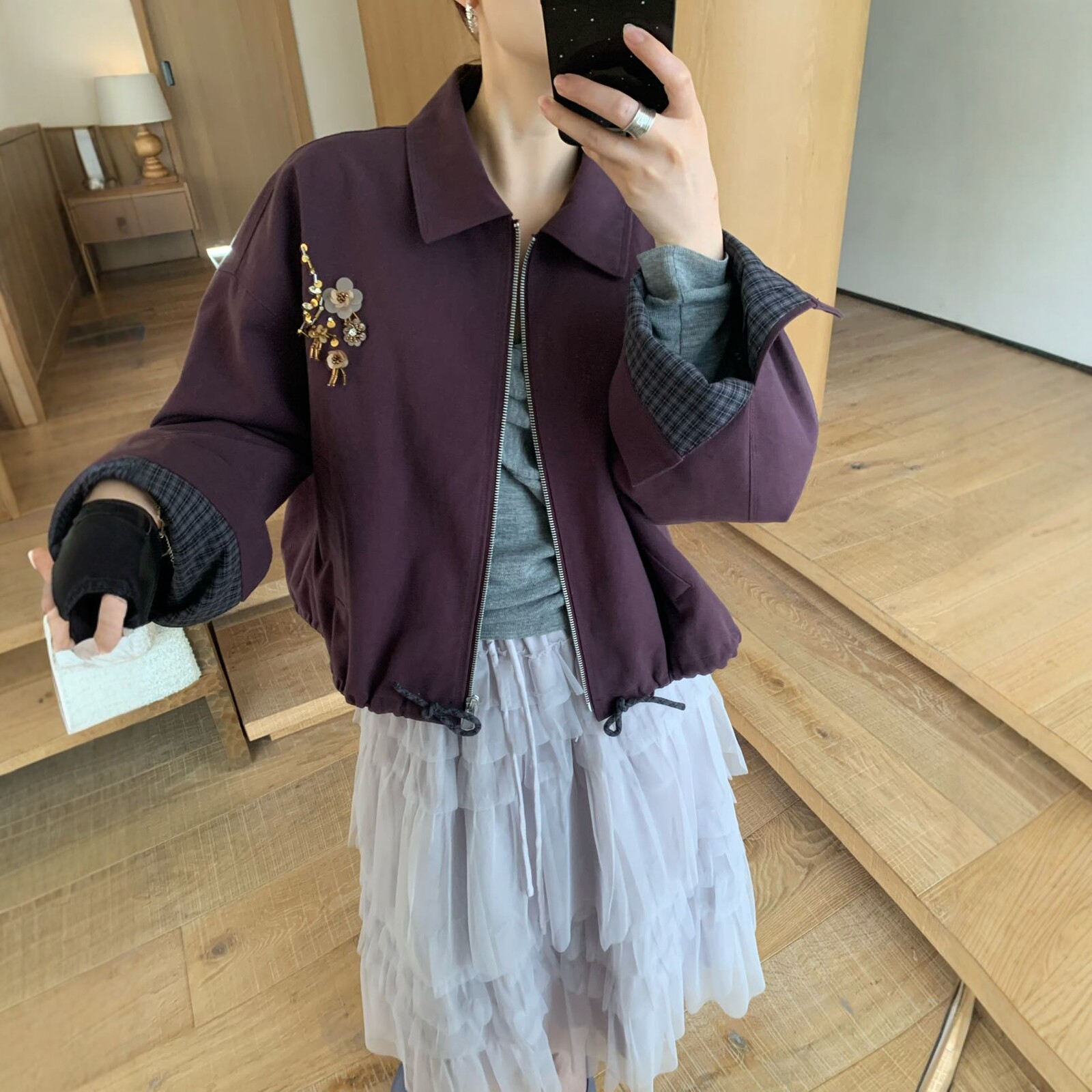 韩系重工钉花工装夹克女宽松