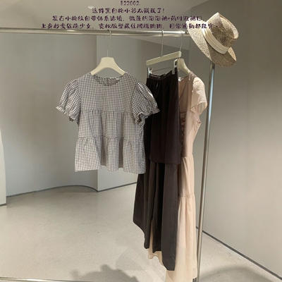 蒽茜韩系格子泡泡袖夏季减龄衬衫
