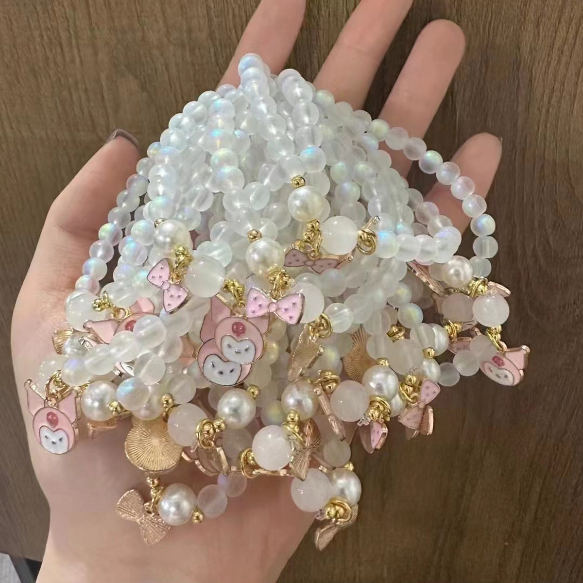 可爱手链水晶串珠手工珍珠磨砂月光石合金三丽鸥手饰饰品卡通手串