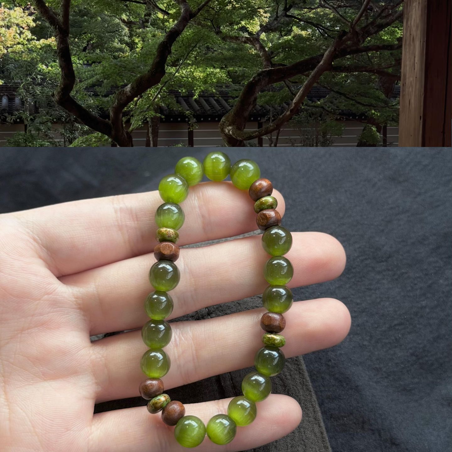 绿猫眼石金丝檀木串珠手链女新中式百搭小清新猫眼石手串手饰