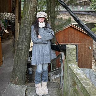 千金女孩法式 冬天 纯色毛领单排扣连衣裙呢子连衣裙女 Eve