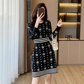 法式 赫本风A字小黑裙女深圳南油风提花长袖 高腰针织连衣裙小香风