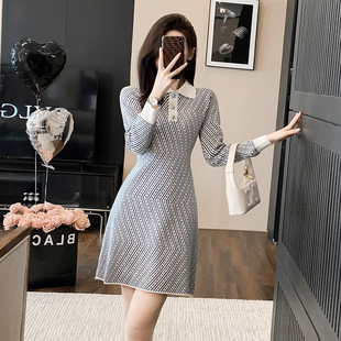 十三行小香风高腰A字连衣裙女秋冬季撞色翻领长袖打底针织毛衣裙