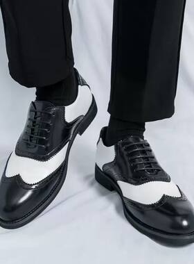 皮鞋男2026春秋正装黑白拼色男鞋雕花布洛克皮鞋婚鞋德比鞋