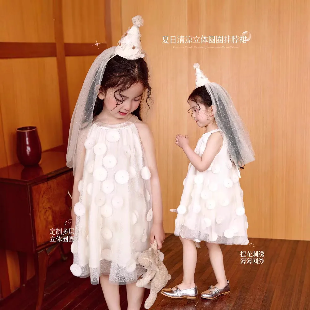 2025新款凉凉夏日女童立体圈圈连衣裙刺绣提花网纱生日裙甜美